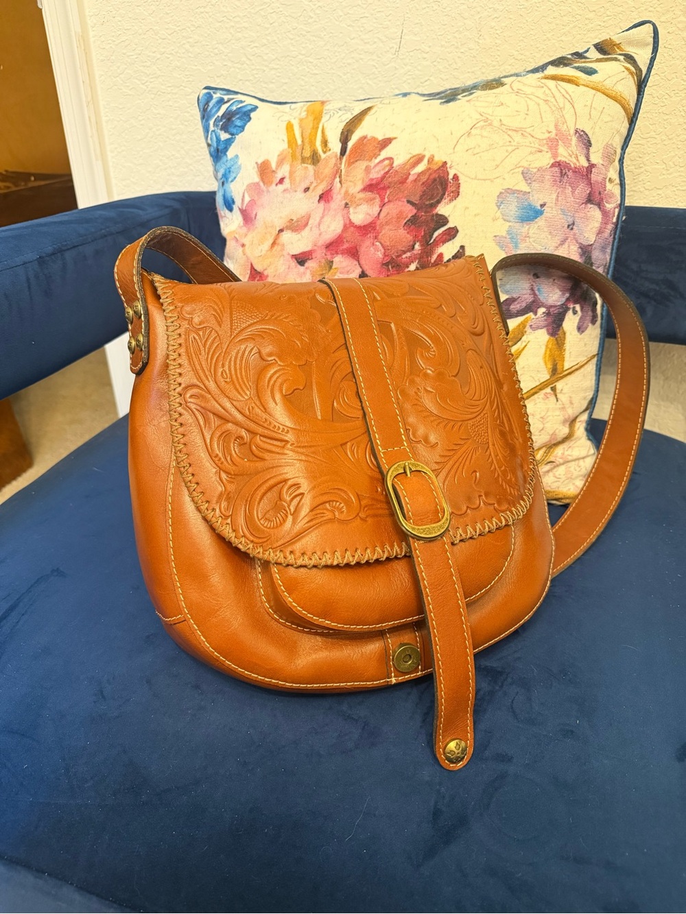 Patricia Nash Tooled Leather Crossbody in Cognac Brown